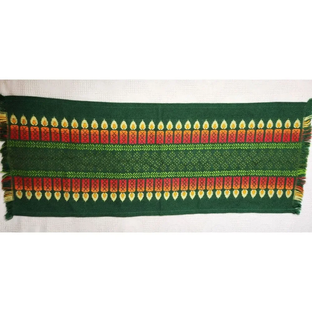 Vintage Candle Theme Table Runner Woven Retro Green Mid Century Ethnic